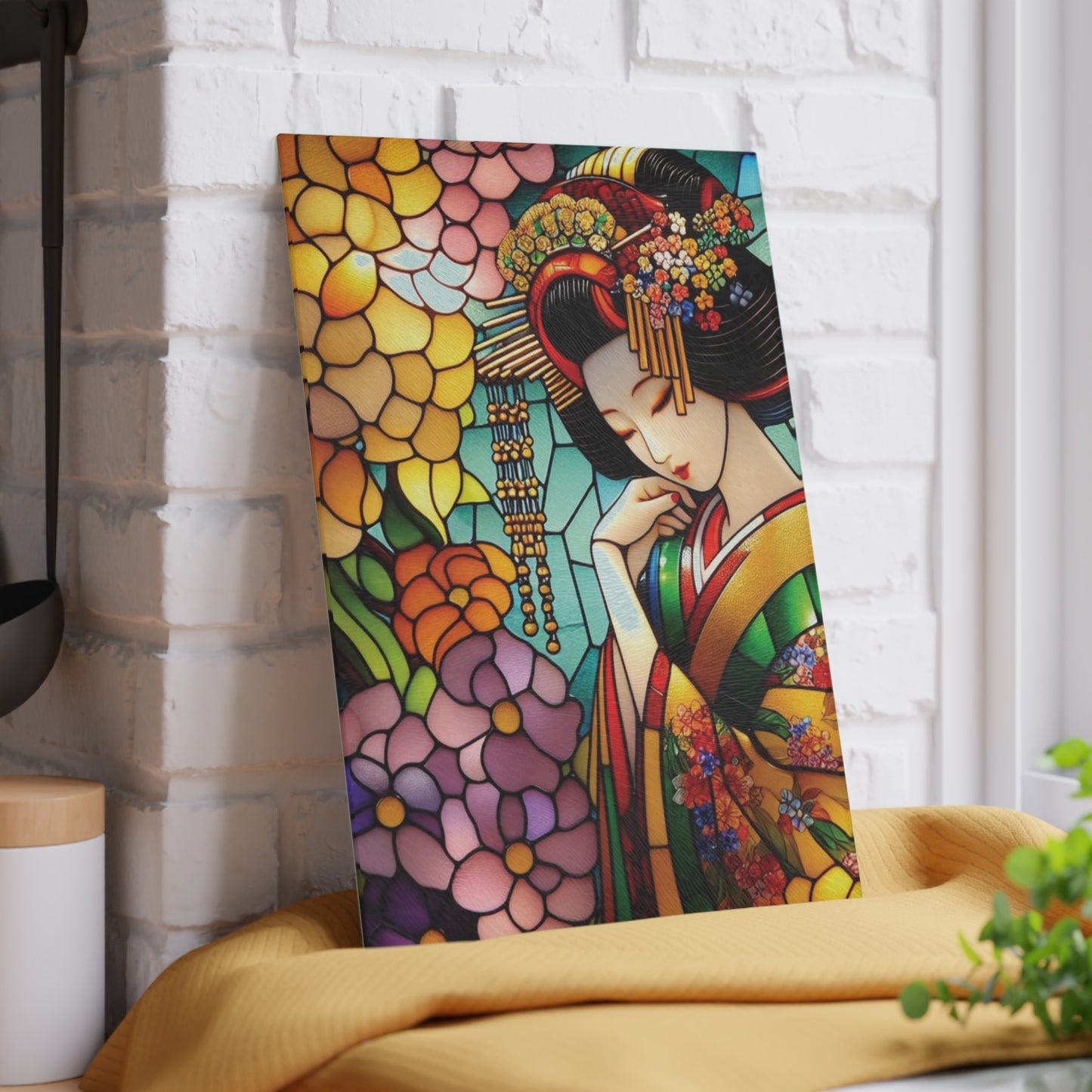 Geisha Cutting board, Stained glass flower, Geisha kimono Board, Kitchen Decor, Wedding Gift, Anniversary Gift, Flower Glass Cutting Board