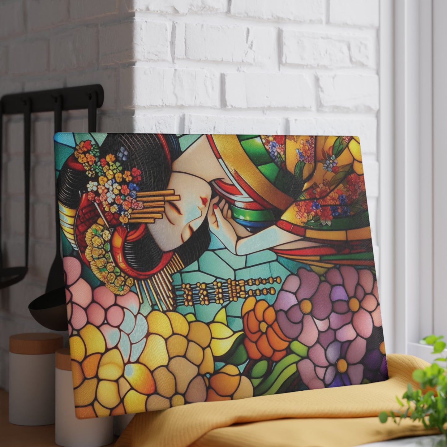 Geisha Cutting board, Stained glass flower, Geisha kimono Board, Kitchen Decor, Wedding Gift, Anniversary Gift, Flower Glass Cutting Board