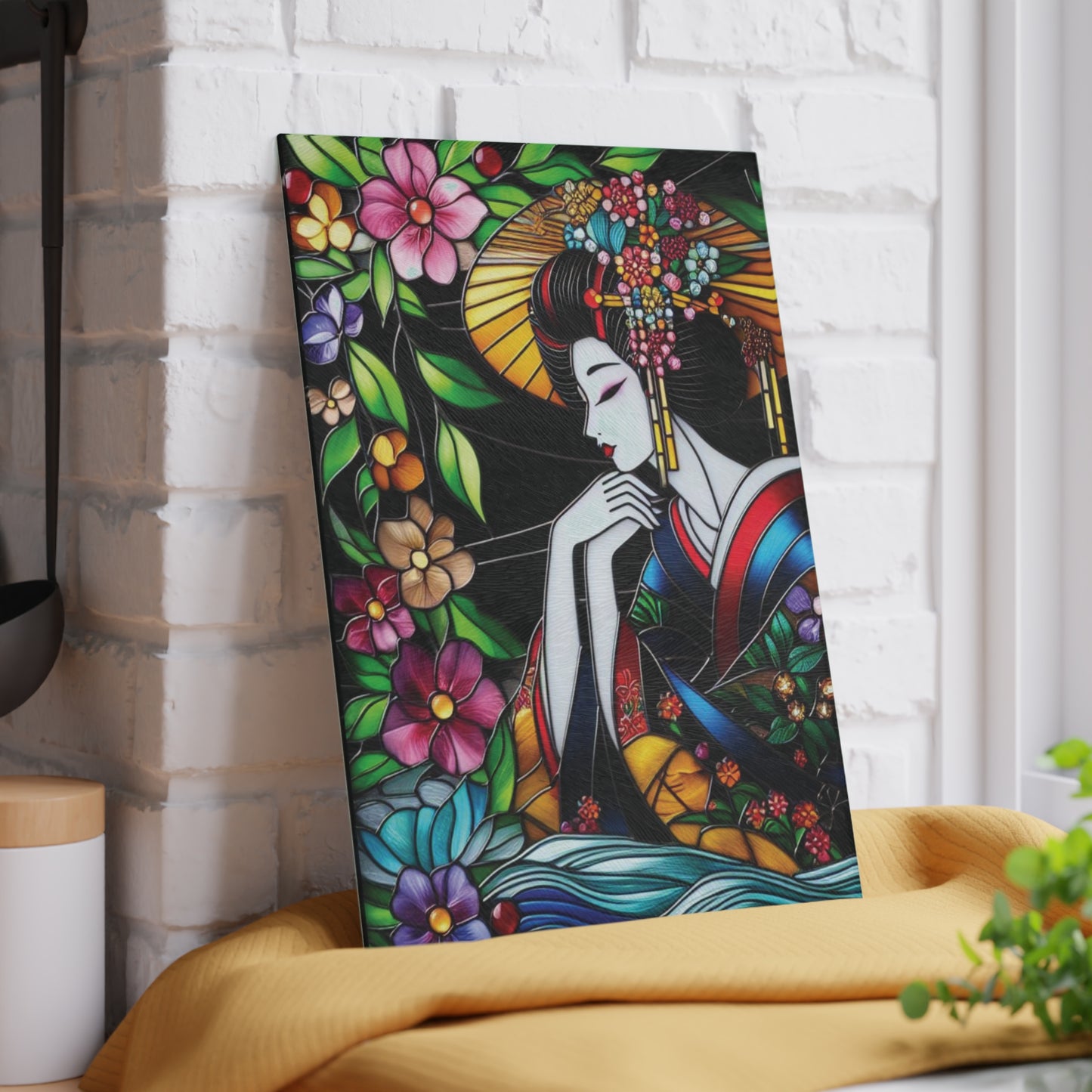 Geisha Cutting board, Geisha kimono Board, Stained glass style, Kitchen Decor, Wedding Gift, Anniversary Gift, Flower Glass Cutting Board