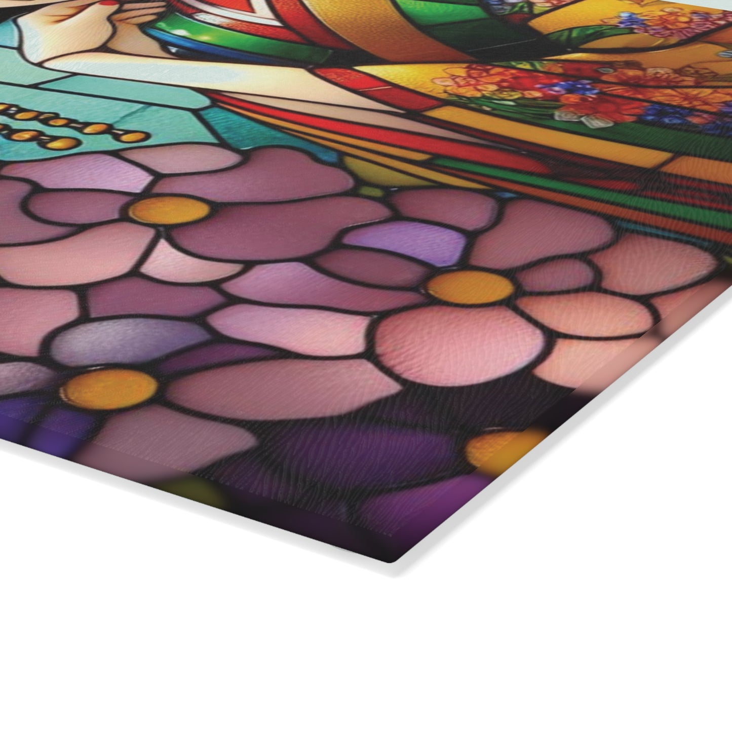Geisha Cutting board, Stained glass flower, Geisha kimono Board, Kitchen Decor, Wedding Gift, Anniversary Gift, Flower Glass Cutting Board