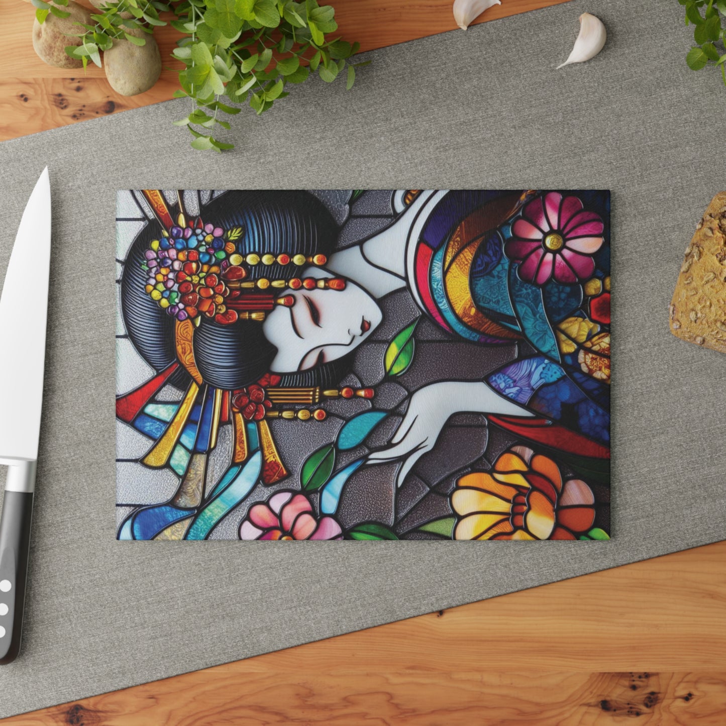 Geisha Glass Cutting Board, kawaii Stained Glass style Chopping Board, Kitchen Decor, Charcuterie Serving Board, gift for wife, Housewarming Gift Glass Cutting Board