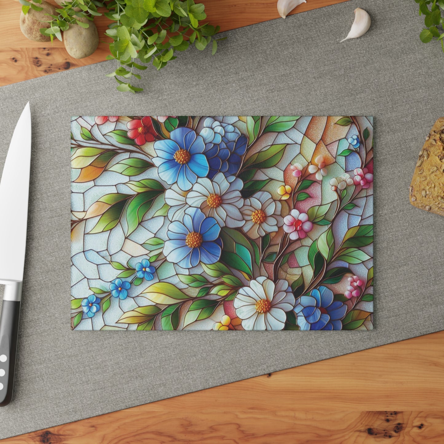 kawaii Stained Glass style Chopping Board, Flower Glass Cutting Board, Kitchen Decor, Charcuterie Serving Board, House Decor, Housewarming Gift Glass Cutting Board