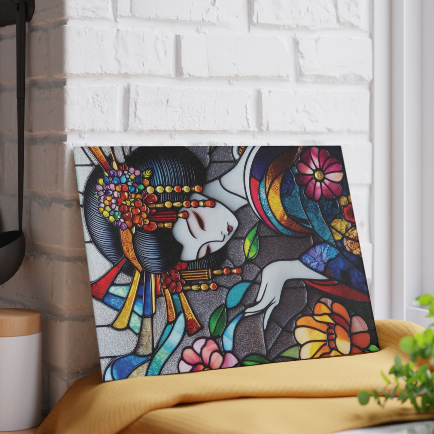 Geisha Glass Cutting Board, kawaii Stained Glass style Chopping Board, Kitchen Decor, Charcuterie Serving Board, gift for wife, Housewarming Gift Glass Cutting Board