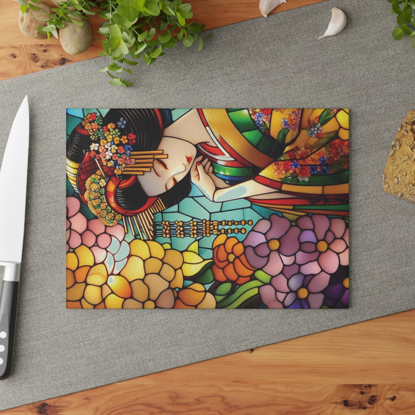 Geisha Cutting board, Stained glass flower, Geisha kimono Board, Kitchen Decor, Wedding Gift, Anniversary Gift, Flower Glass Cutting Board