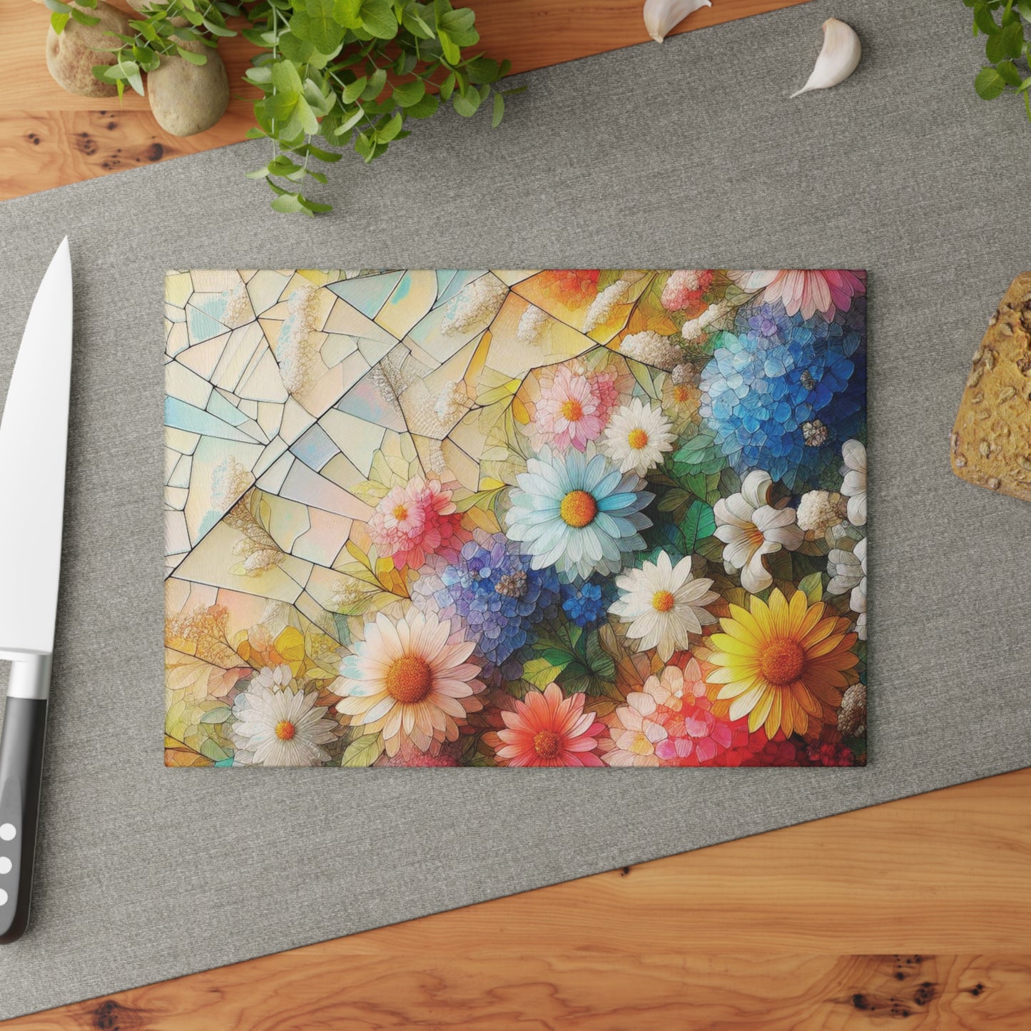 Flower Glass Cutting Board, kawaii Stained Glass style Chopping Board, Kitchen Decor, Charcuterie Serving Board, gift for wife, Housewarming Gift Glass Cutting Board