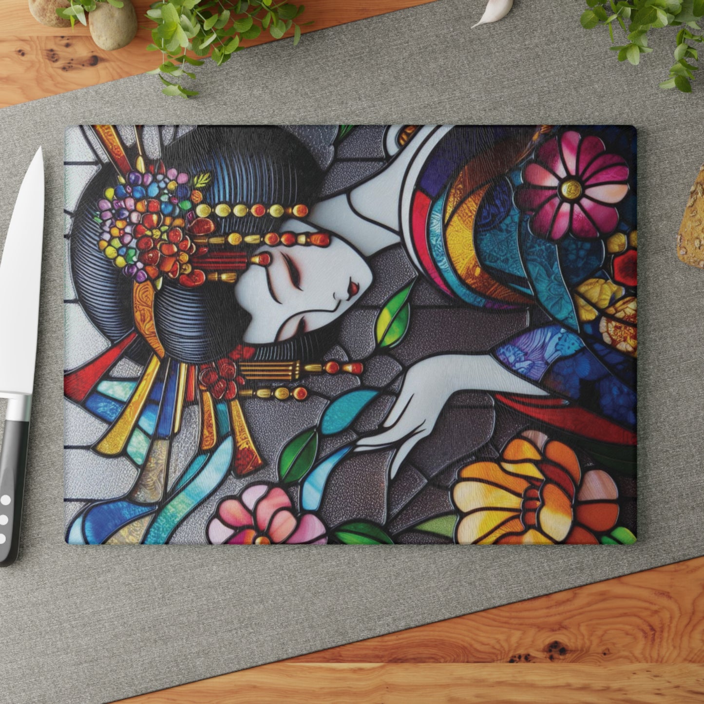 Geisha Glass Cutting Board, kawaii Stained Glass style Chopping Board, Kitchen Decor, Charcuterie Serving Board, gift for wife, Housewarming Gift Glass Cutting Board