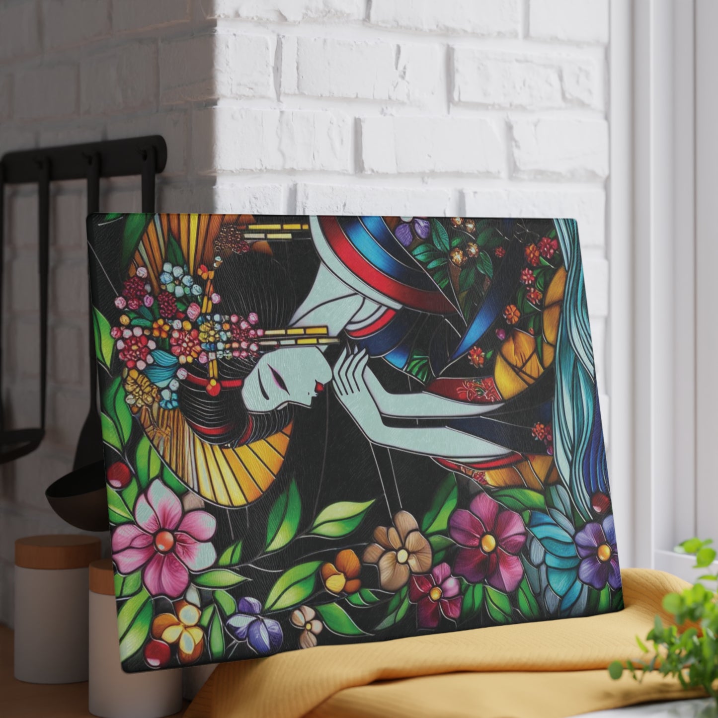 Geisha Cutting board, Geisha kimono Board, Stained glass style, Kitchen Decor, Wedding Gift, Anniversary Gift, Flower Glass Cutting Board