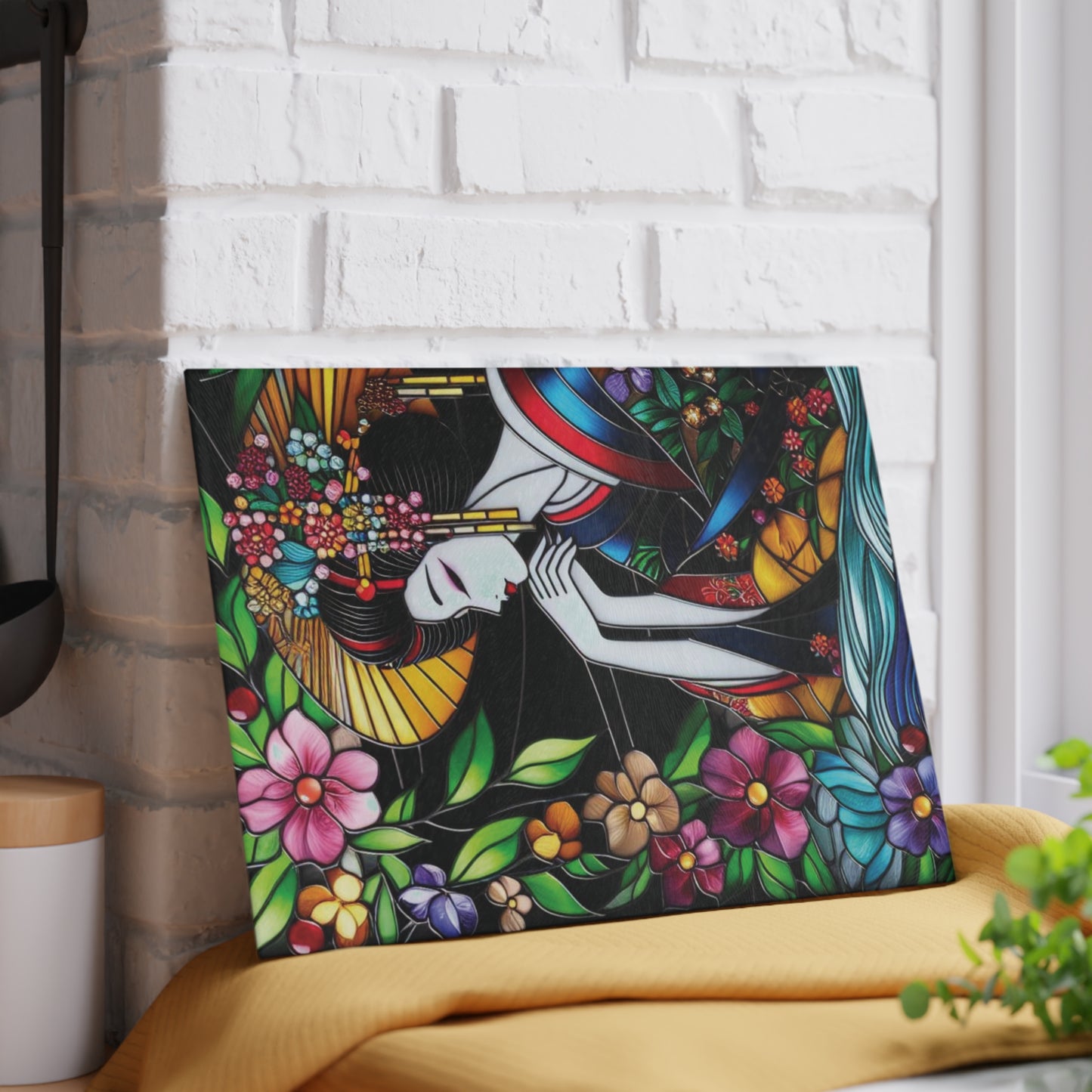 Geisha Cutting board, Geisha kimono Board, Stained glass style, Kitchen Decor, Wedding Gift, Anniversary Gift, Flower Glass Cutting Board