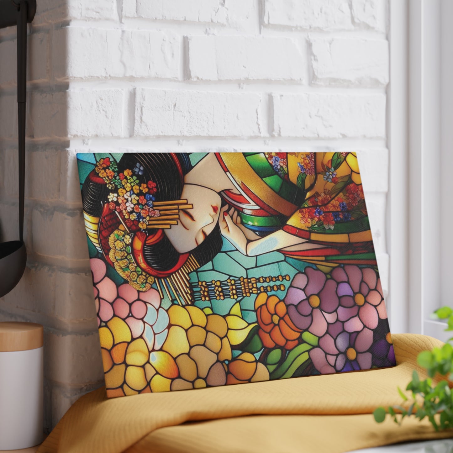 Geisha Cutting board, Stained glass flower, Geisha kimono Board, Kitchen Decor, Wedding Gift, Anniversary Gift, Flower Glass Cutting Board