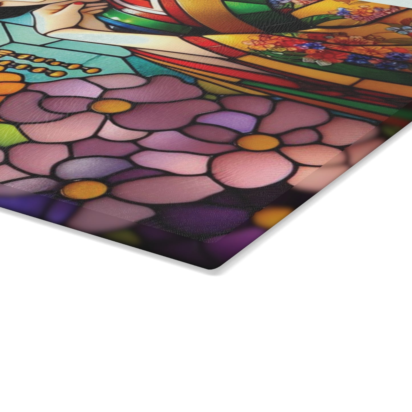 Geisha Cutting board, Stained glass flower, Geisha kimono Board, Kitchen Decor, Wedding Gift, Anniversary Gift, Flower Glass Cutting Board