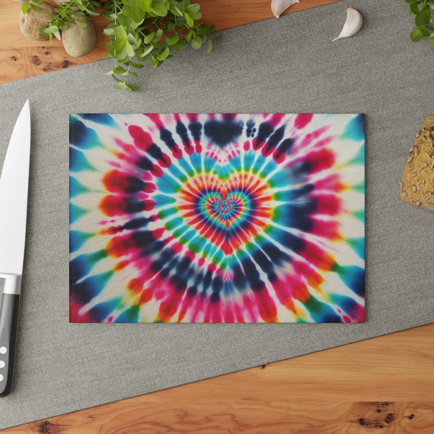 Rainbow Heart, Tie Dye, Psychedelic Hippie, 1970s, Retro Decor, Boho, Housewarming Gift, Grateful Dead Love, Camping, Glass Cutting Board