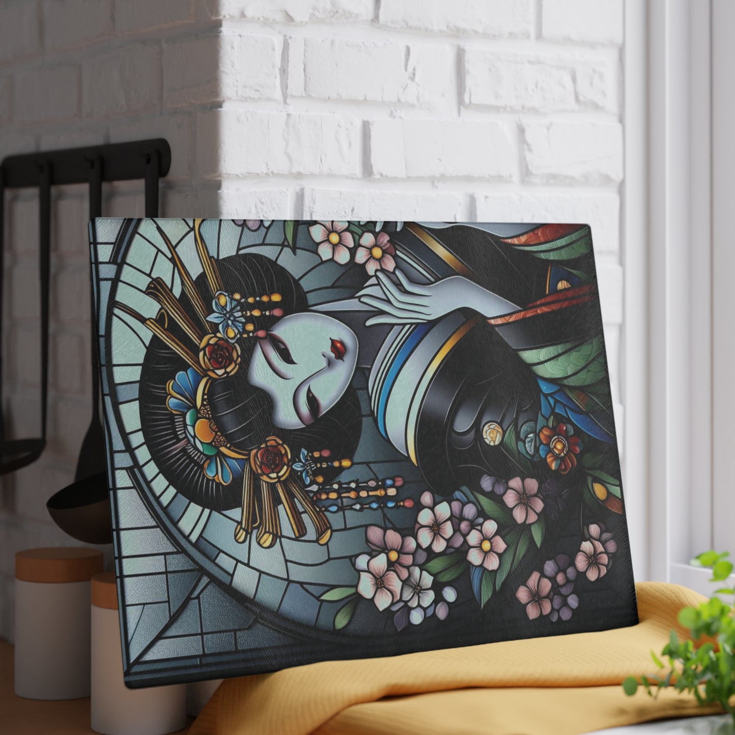 Geisha Cutting board, Glass Cutting Board, Geisha kimono Board, Kitchen Decor, Wedding Gift, Anniversary Gift, Sakura Glass Cutting Board