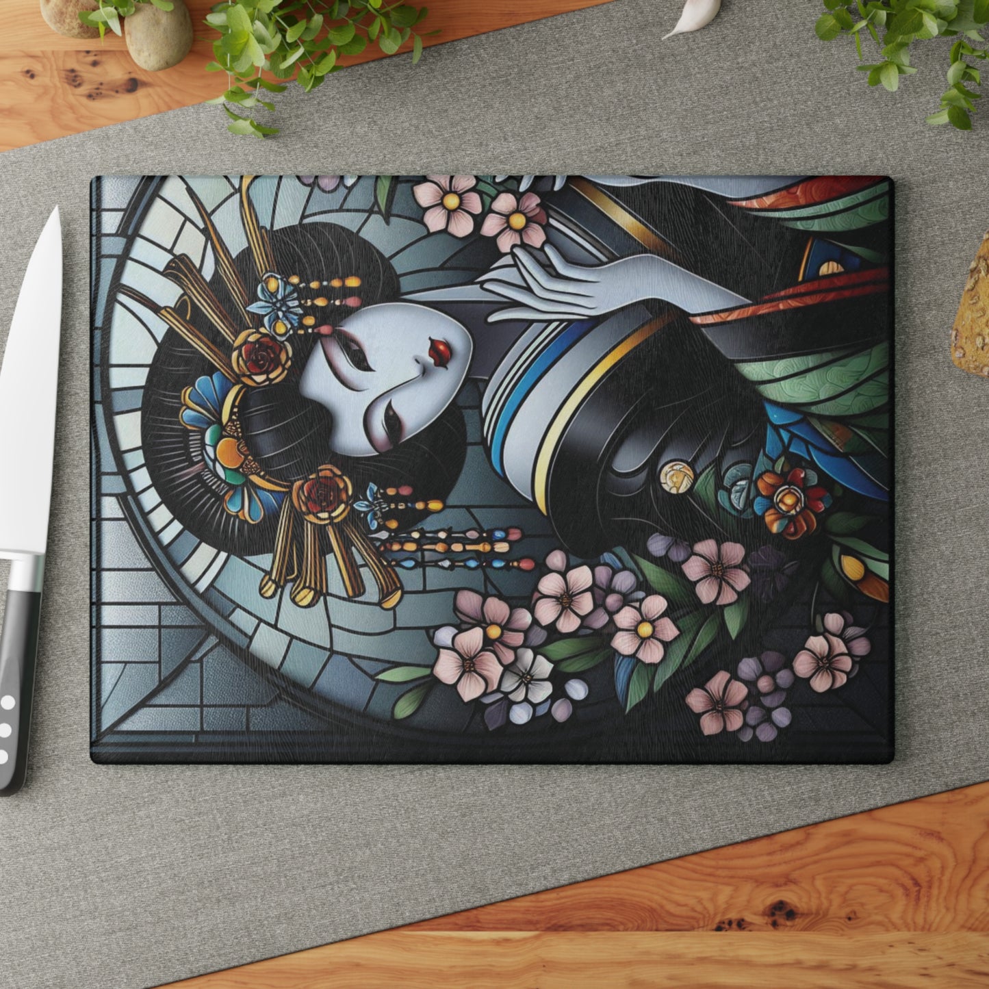 Geisha Cutting board, Glass Cutting Board, Geisha kimono Board, Kitchen Decor, Wedding Gift, Anniversary Gift, Sakura Glass Cutting Board