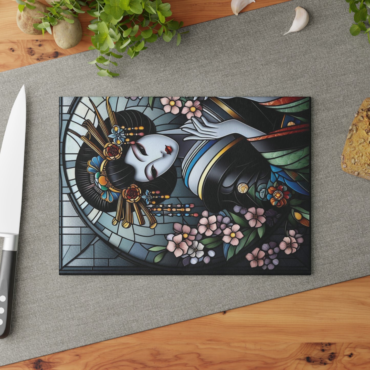 Geisha Cutting board, Glass Cutting Board, Geisha kimono Board, Kitchen Decor, Wedding Gift, Anniversary Gift, Sakura Glass Cutting Board