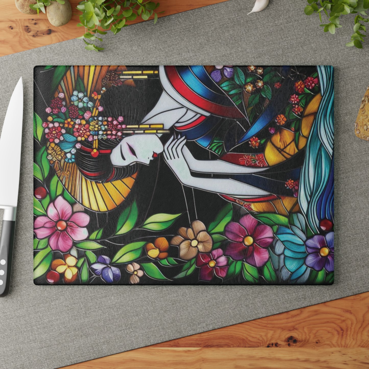Geisha Cutting board, Geisha kimono Board, Stained glass style, Kitchen Decor, Wedding Gift, Anniversary Gift, Flower Glass Cutting Board