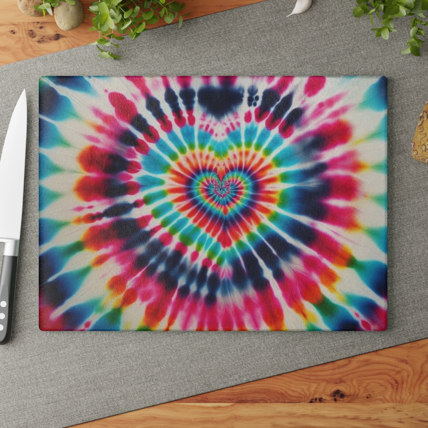 Rainbow Heart, Tie Dye, Psychedelic Hippie, 1970s, Retro Decor, Boho, Housewarming Gift, Grateful Dead Love, Camping, Glass Cutting Board