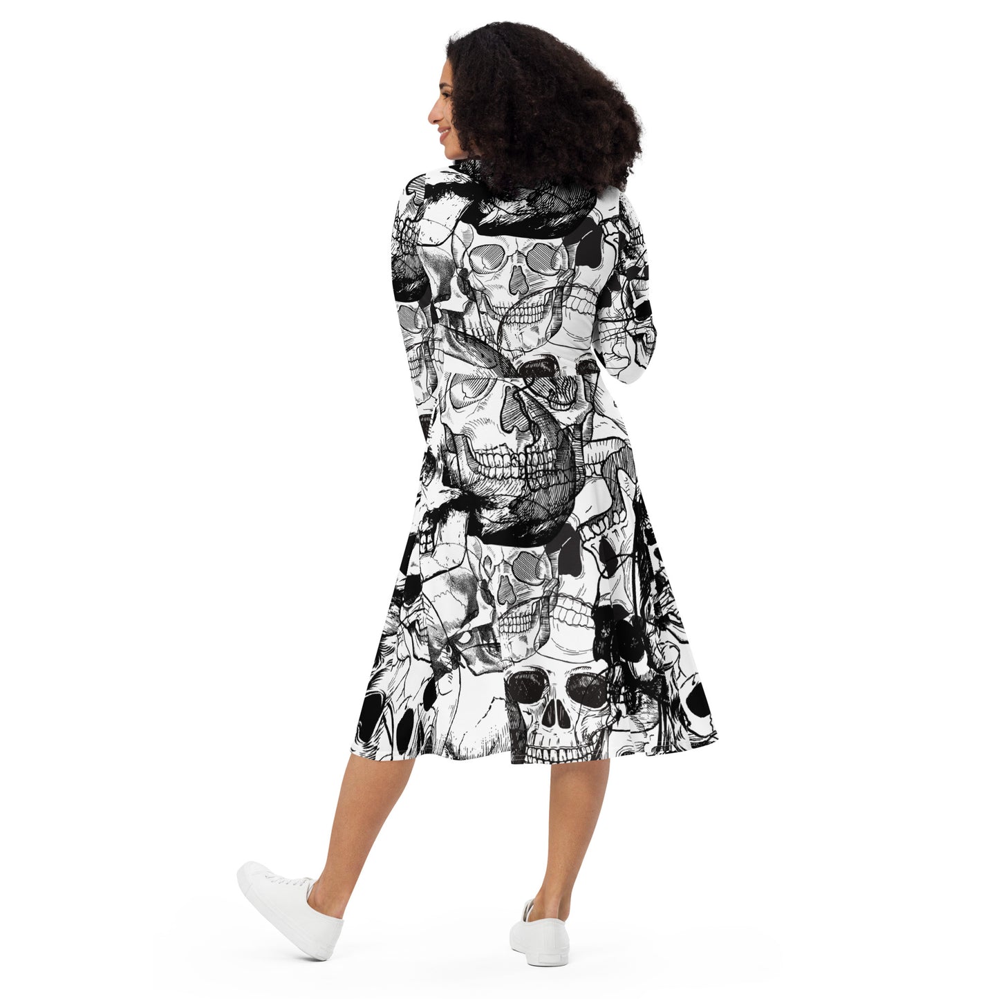 Skull White All-over print long sleeve midi dress