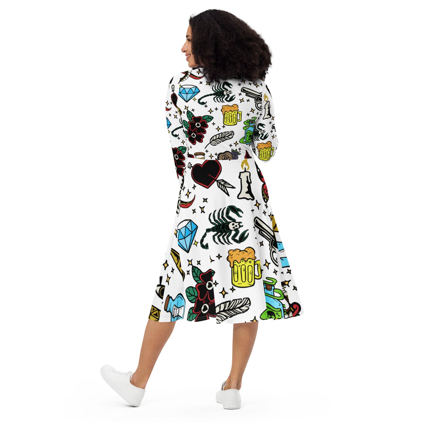 TATTOO All-over print long sleeve midi dress