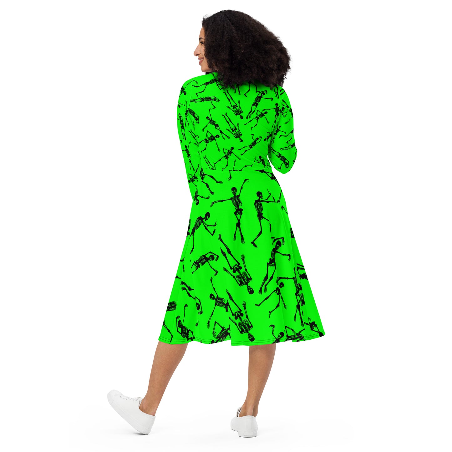 Skeleton green All-over print long sleeve midi dress