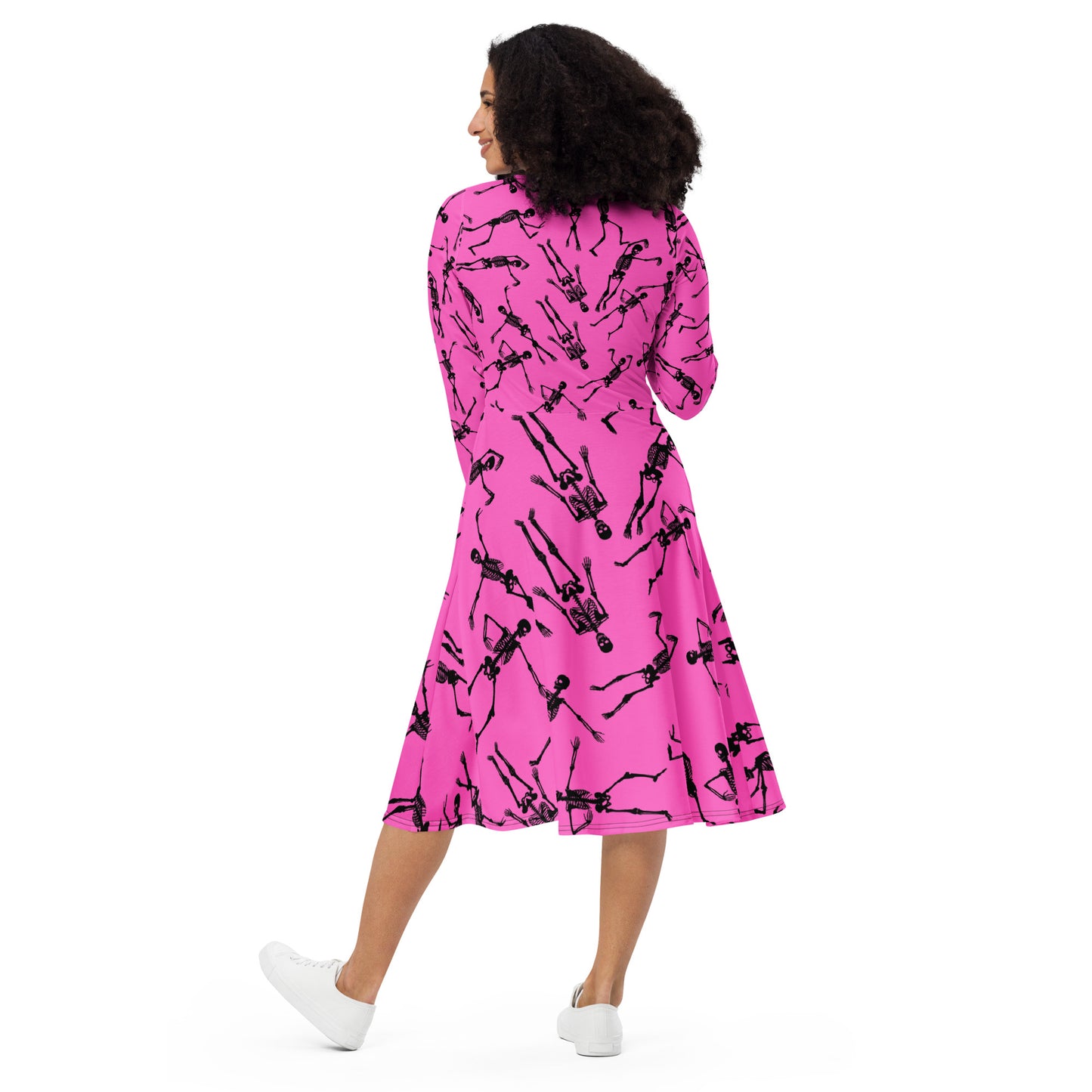 Skeleton pink All-over print long sleeve midi dress