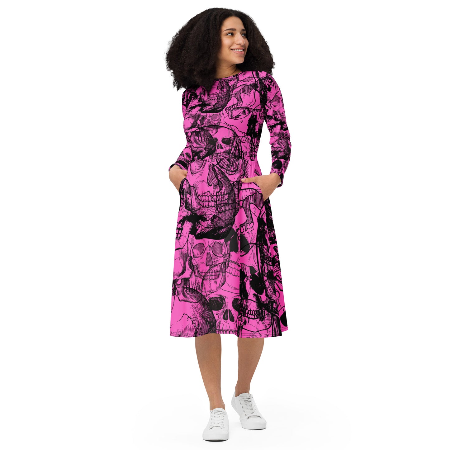 skull All-over print long sleeve midi dress