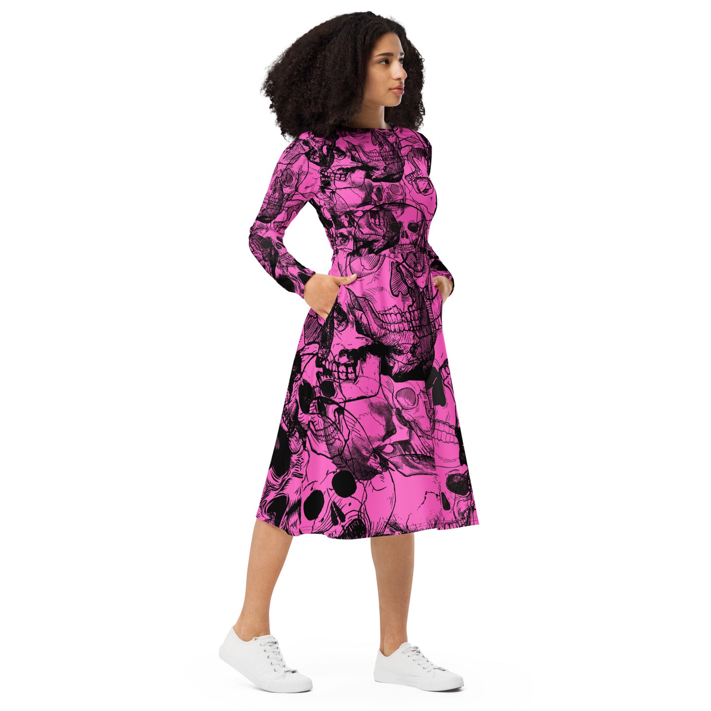skull All-over print long sleeve midi dress