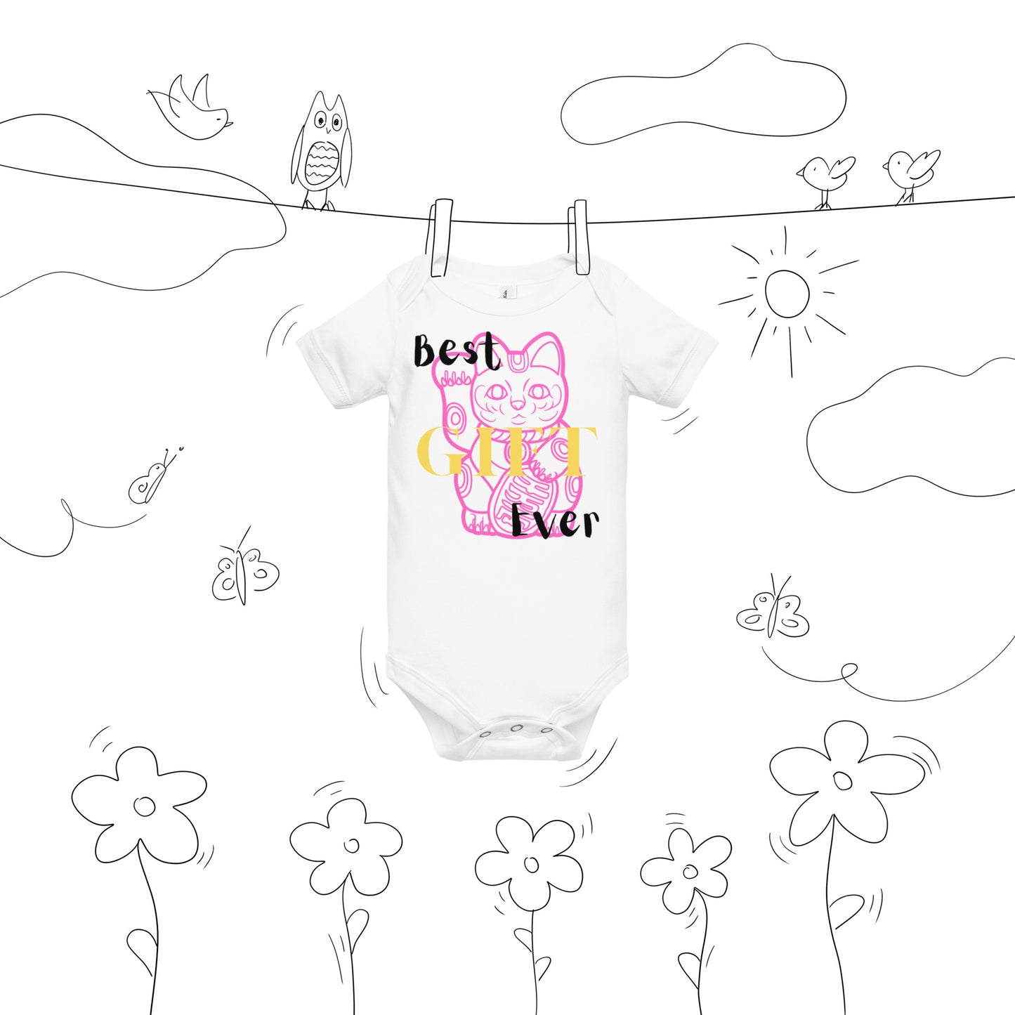 Best Gift Ever, Lucky Cat, Baby short sleeve bodysuit