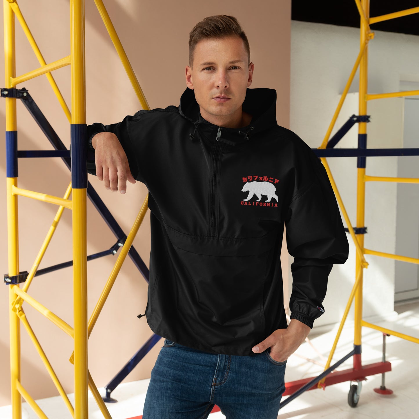 California, Grizzly Bear, Japanese, Katakana, Embroidered Champion Packable Jacket