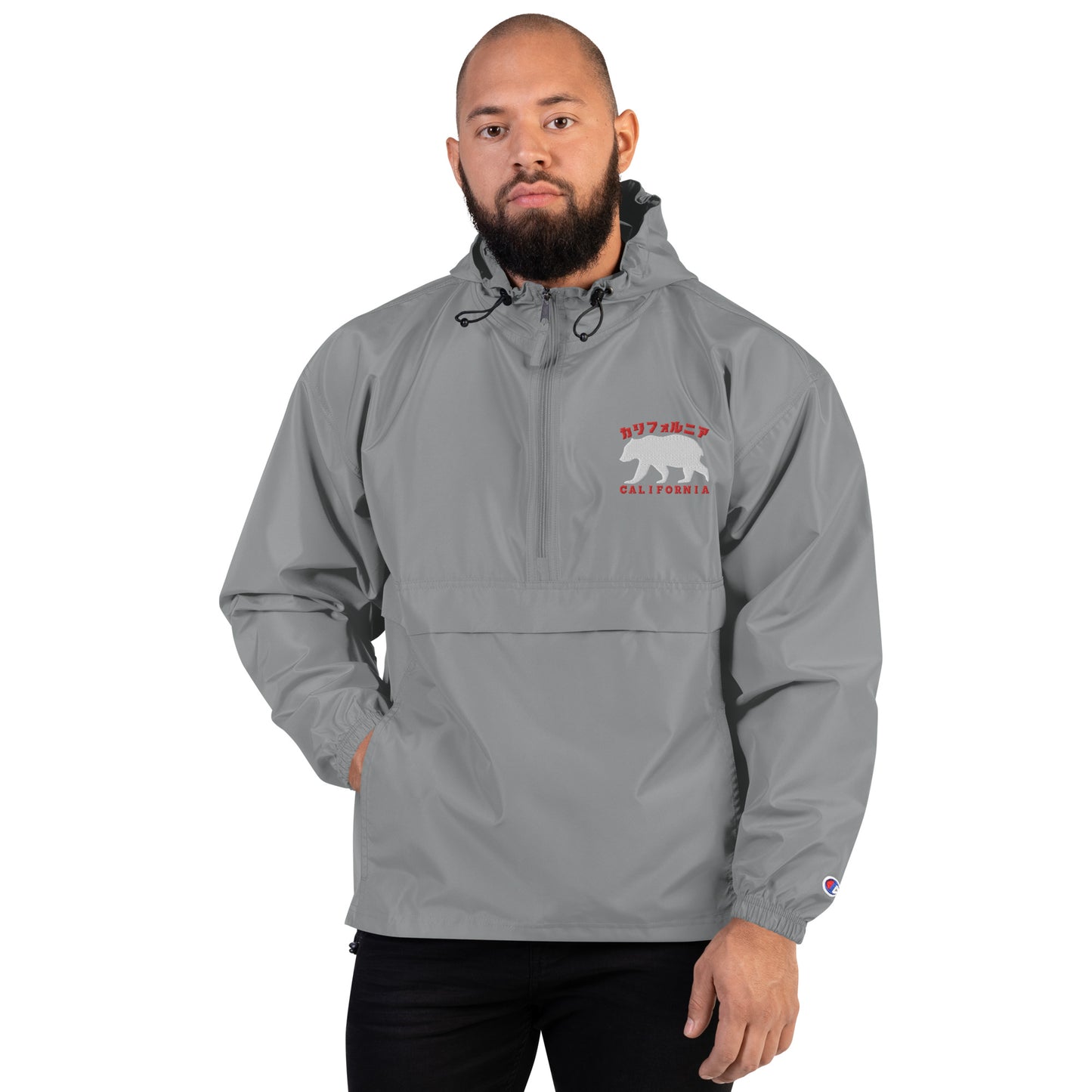 California, Grizzly Bear, Japanese, Katakana, Embroidered Champion Packable Jacket