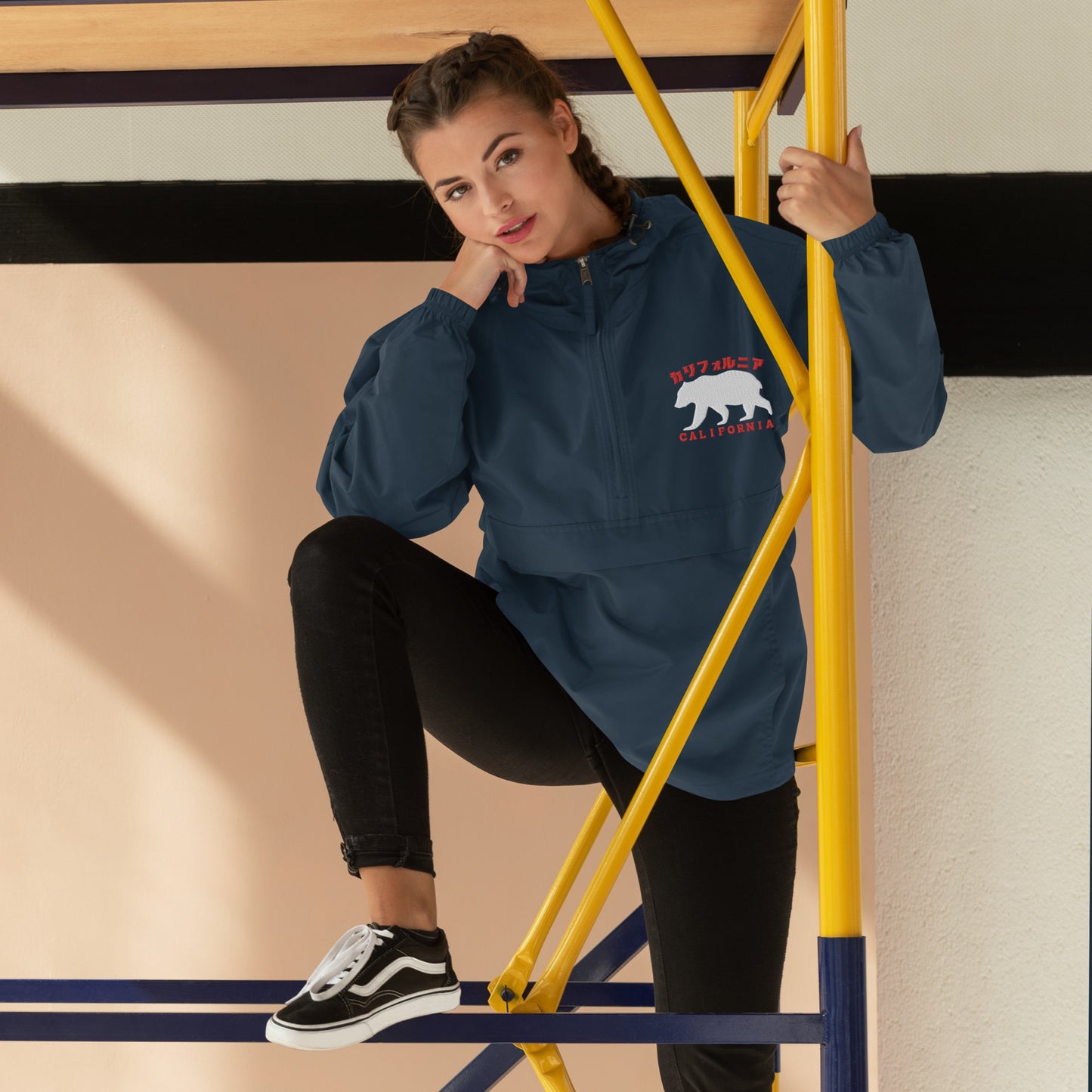 California, Grizzly Bear, Japanese, Katakana, Embroidered Champion Packable Jacket