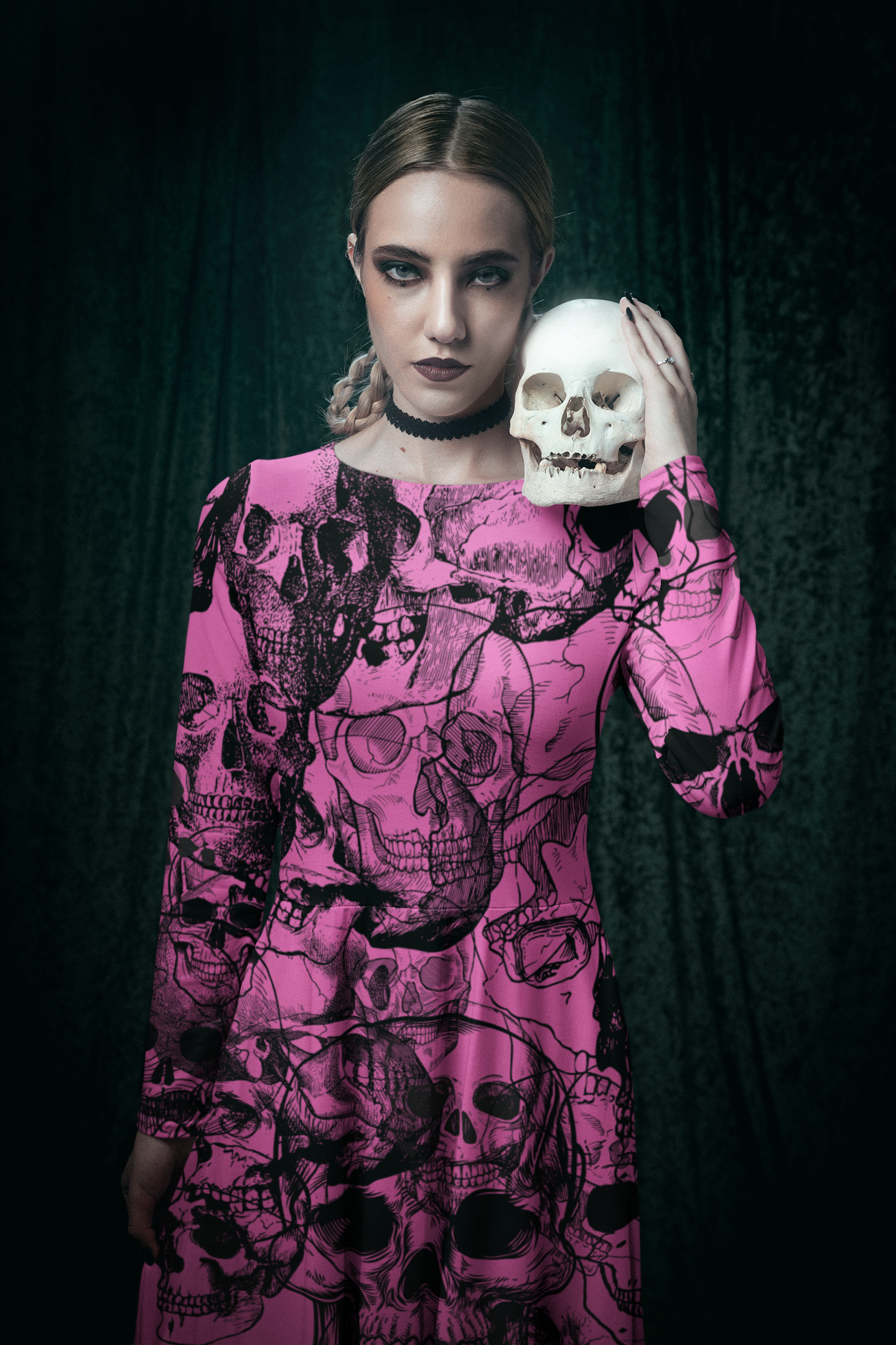 skull All-over print long sleeve midi dress