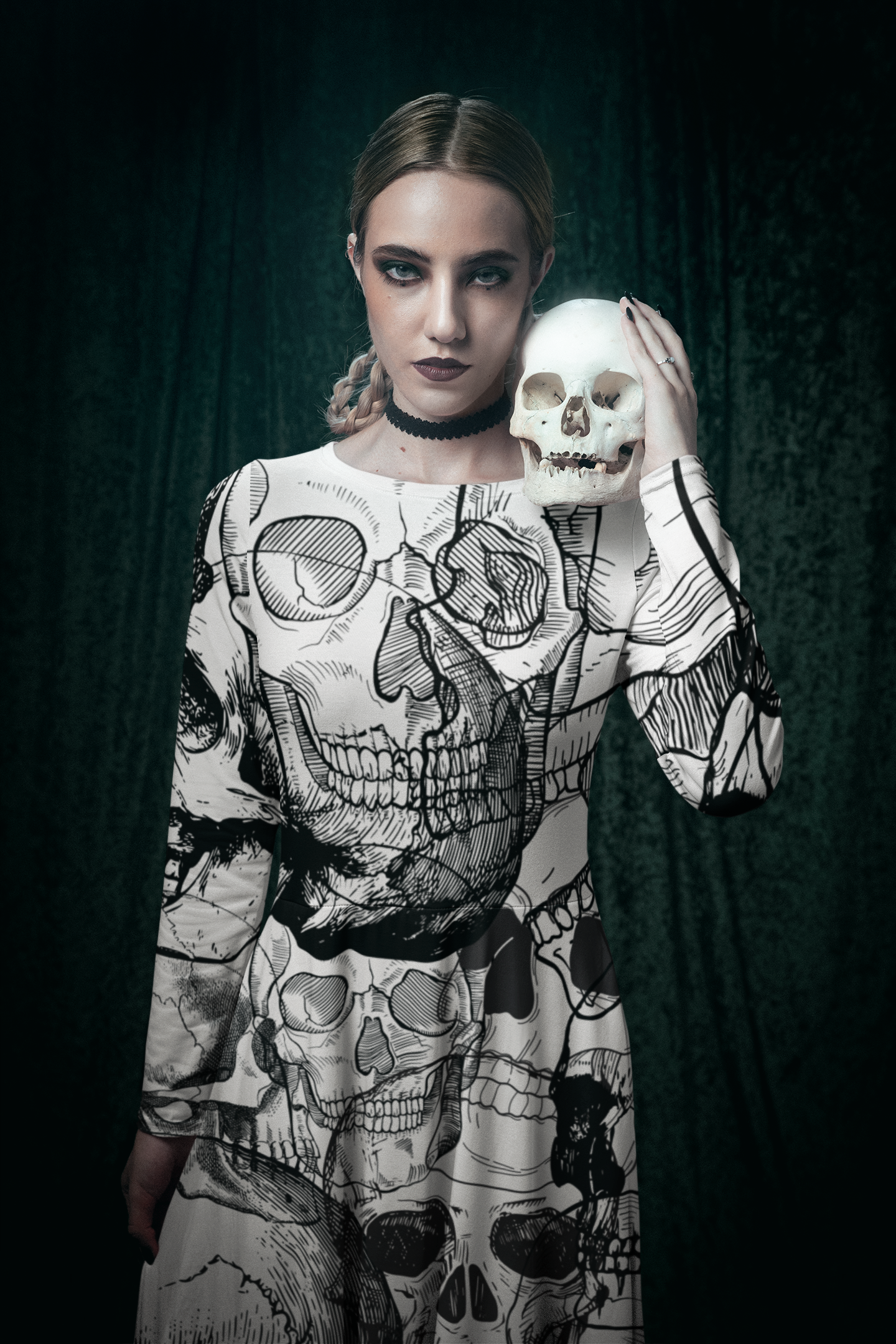 Skull White All-over print long sleeve midi dress