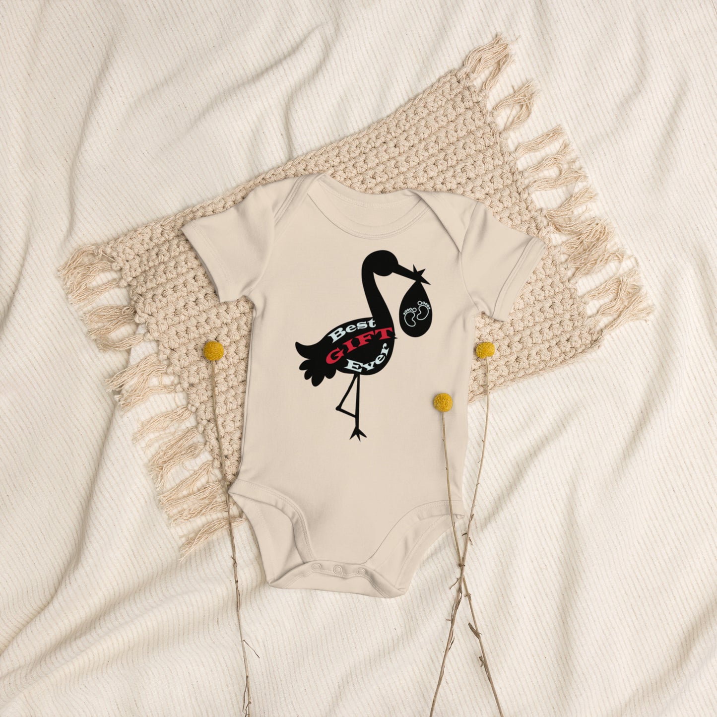 Best Gift Ever Stork with Baby 100% Organic cotton baby bodysuit