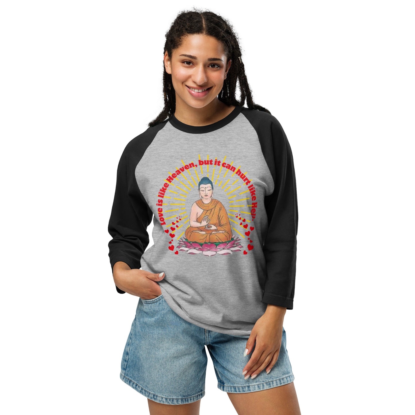 Japanese Buddha , tenjoutenge .3/4 sleeve raglan shirt