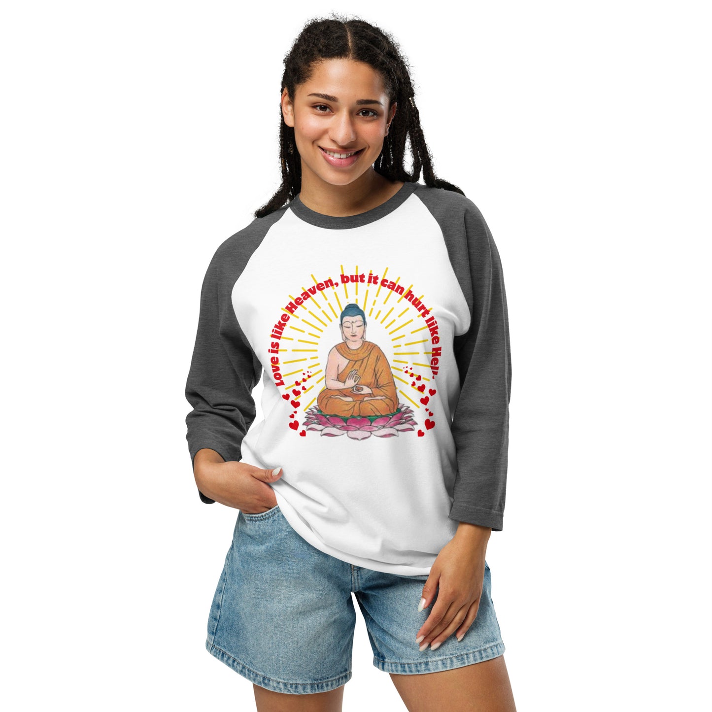 Japanese Buddha, tenjoutenge White 3/4 sleeve raglan shirt