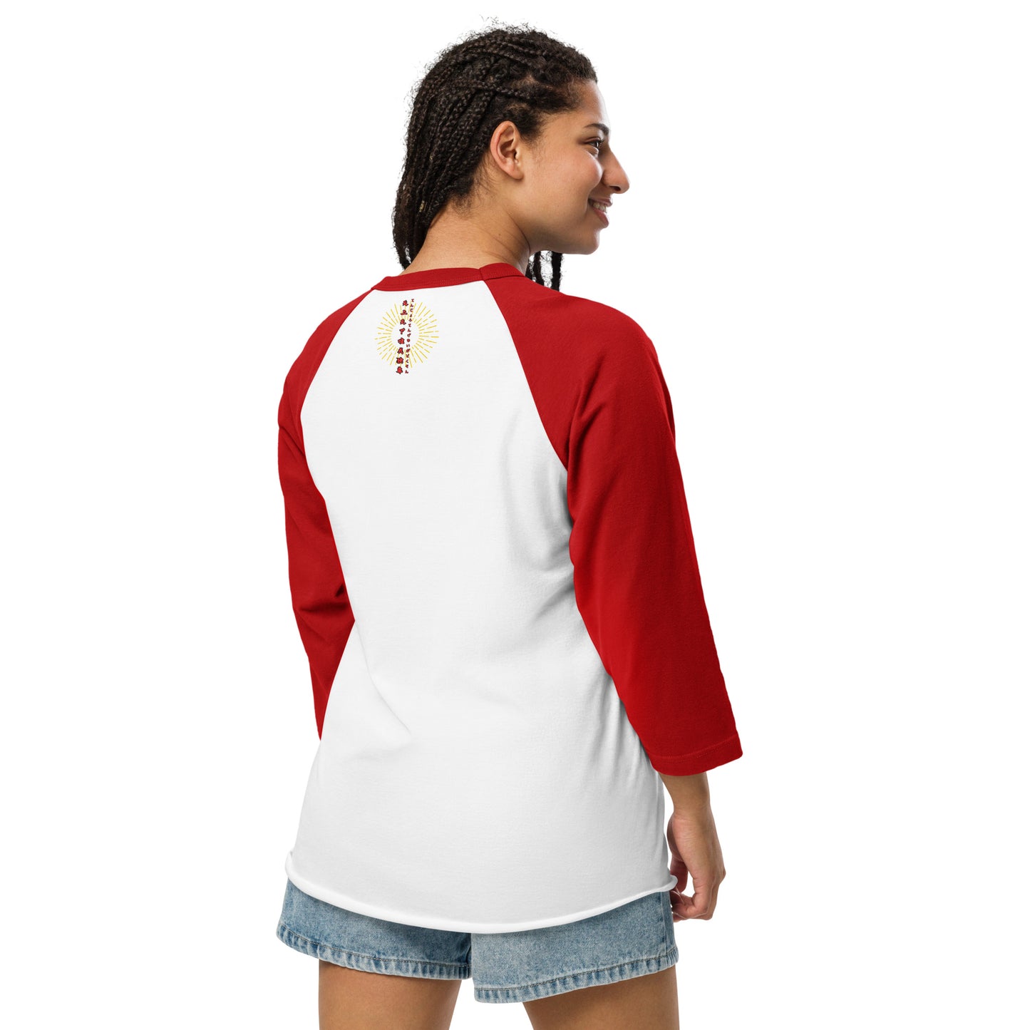 Japanese Buddha, tenjoutenge White 3/4 sleeve raglan shirt