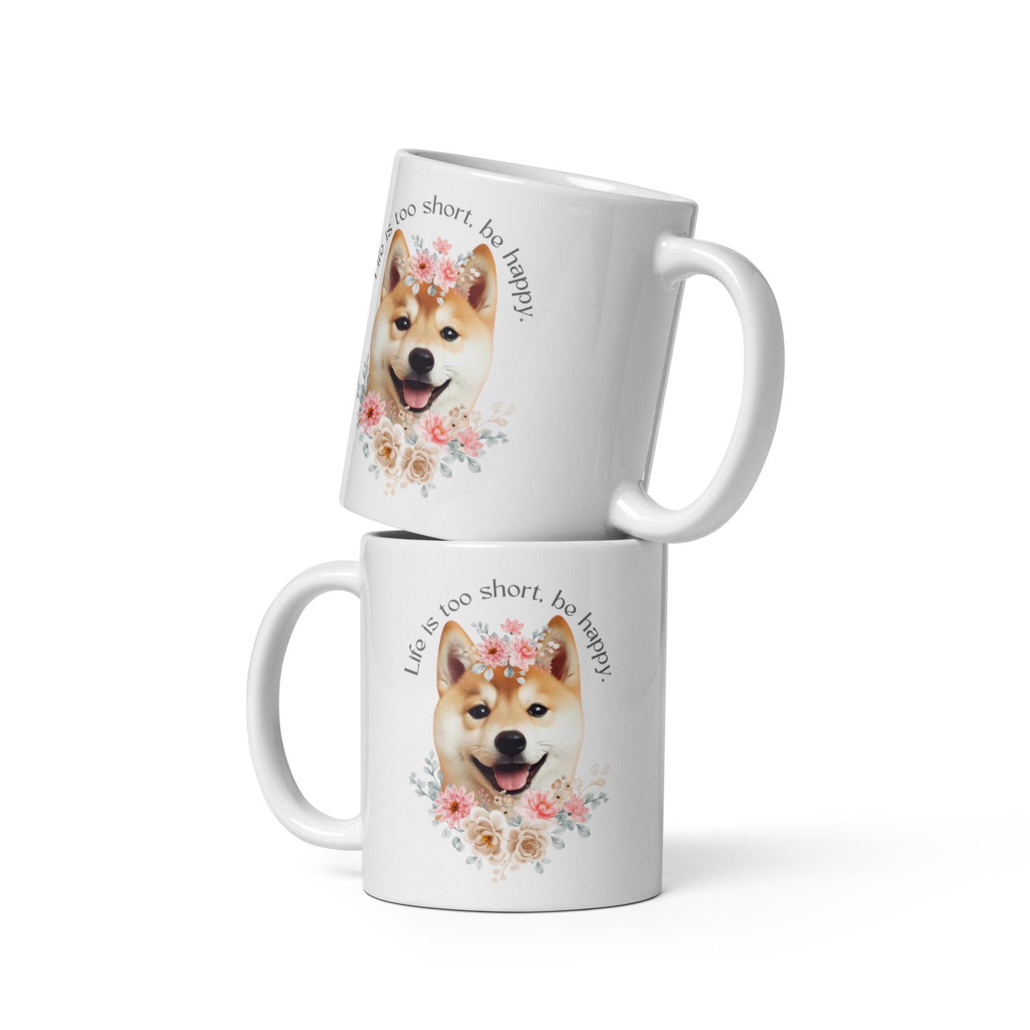 SHIBA be Happy White glossy mug
