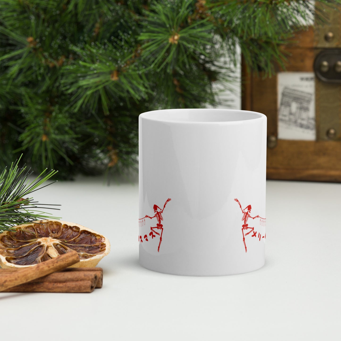 Merry Christmas Skeleton Japanese White glossy mug