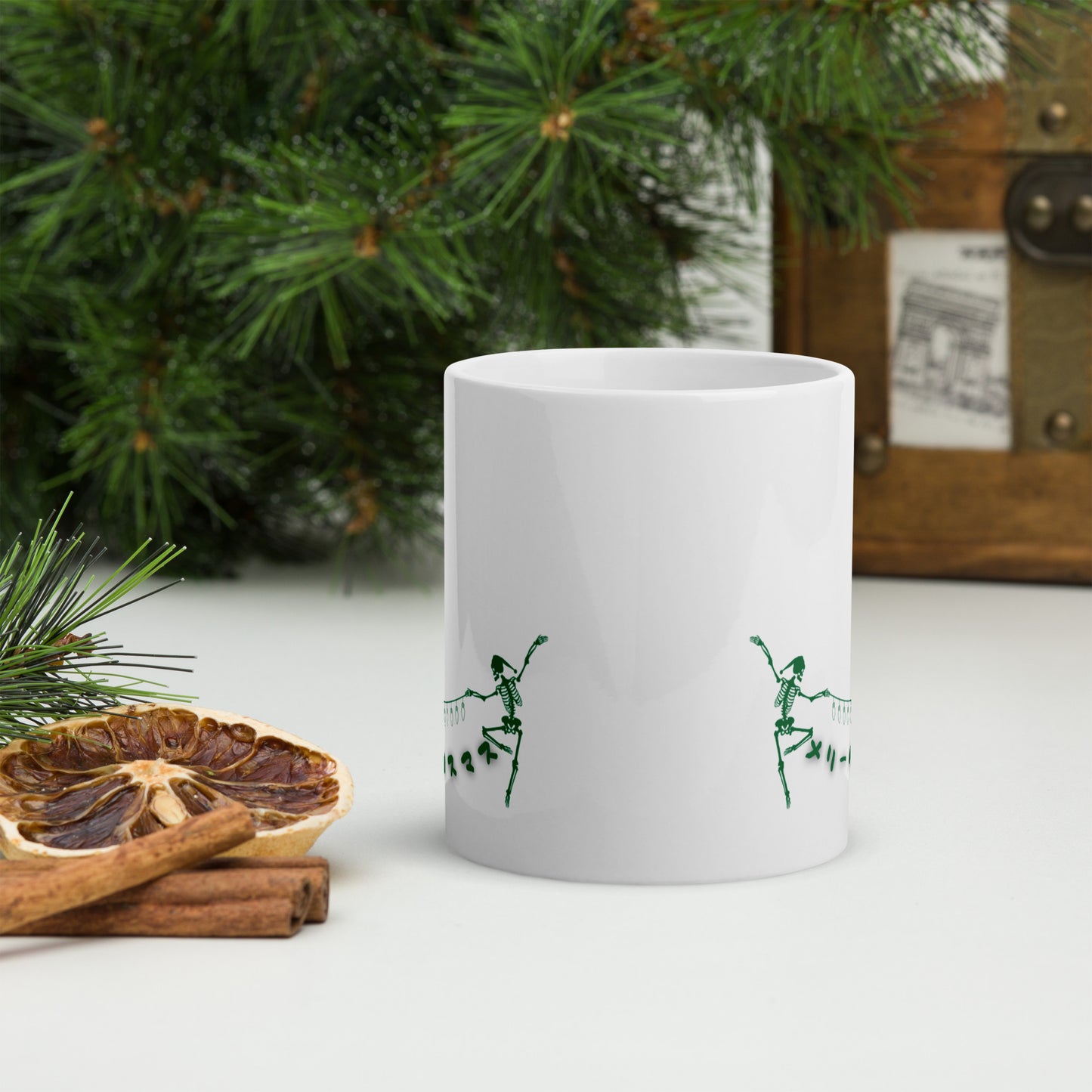 Merry Christmas Skeleton Japanese Green White glossy mug