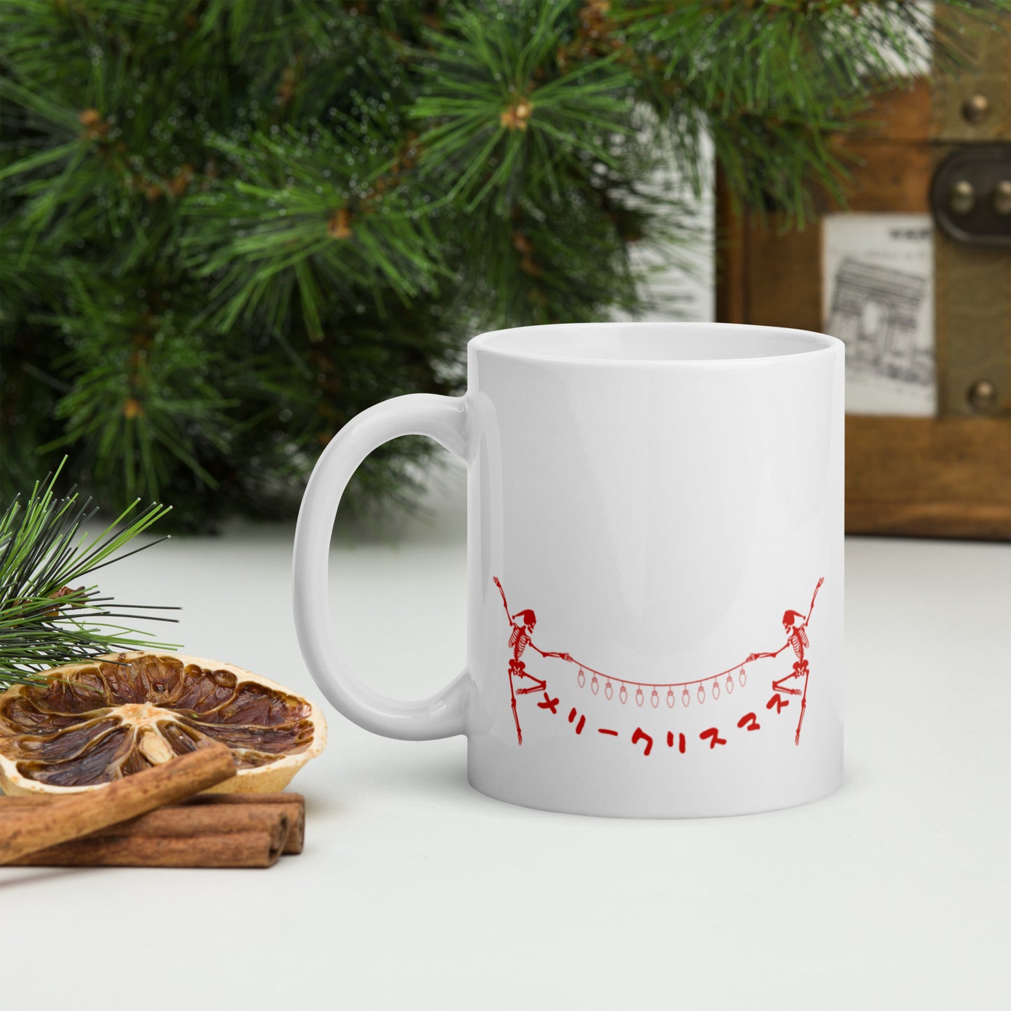 Merry Christmas Skeleton Japanese White glossy mug