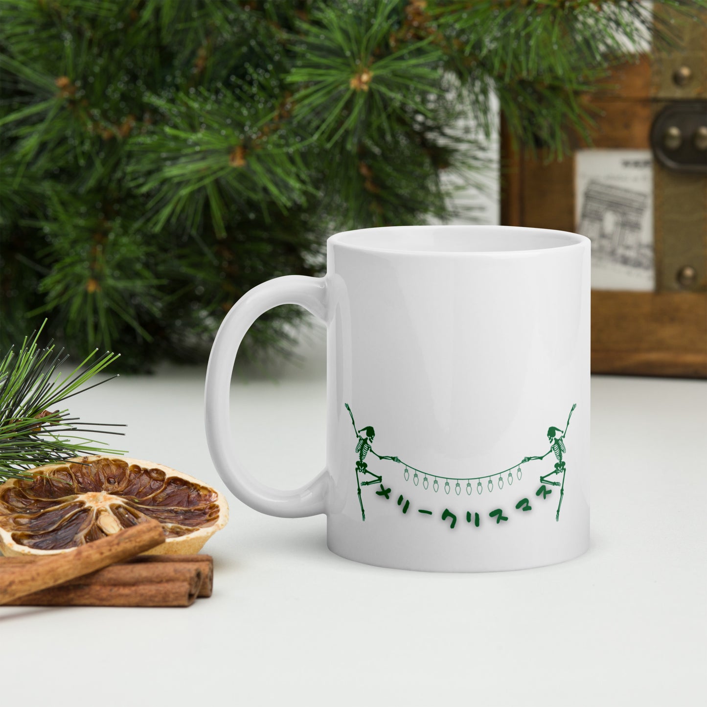 Merry Christmas Skeleton Japanese Green White glossy mug