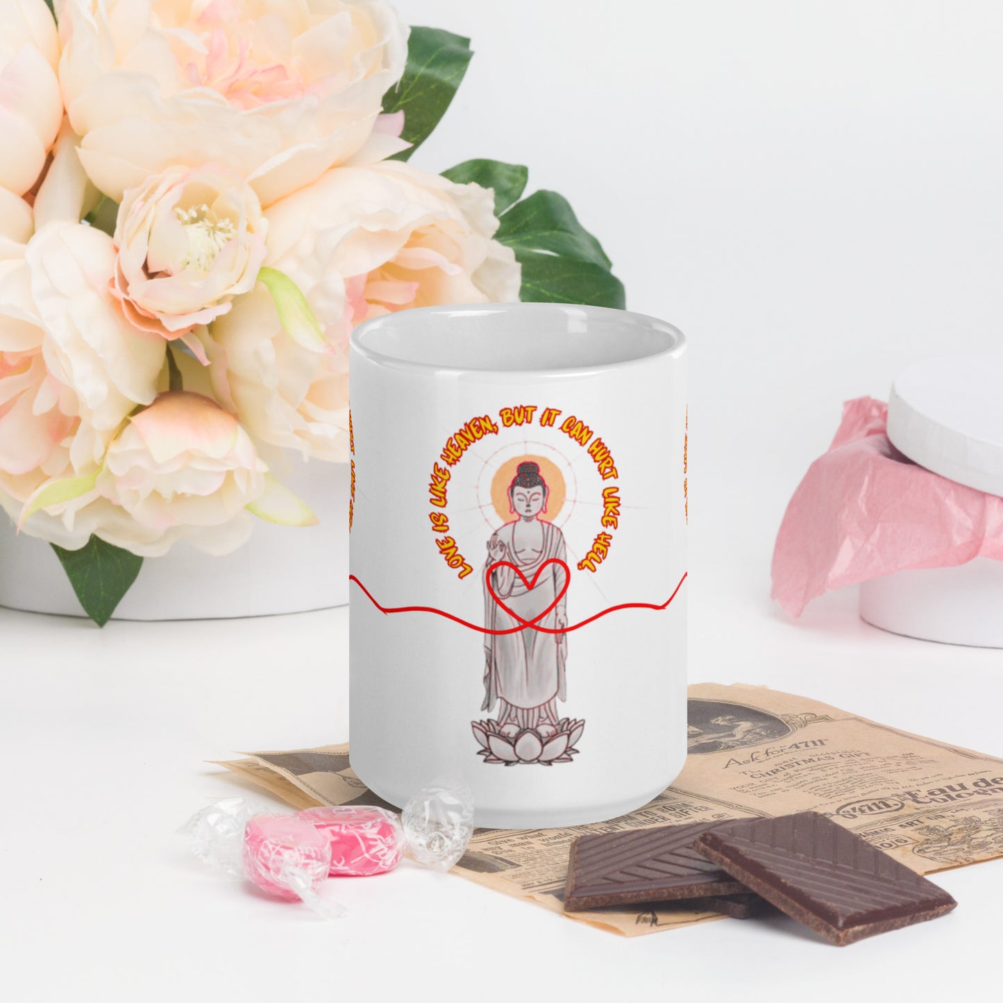 Japanese Buddha, Oshakasama, White glossy mug