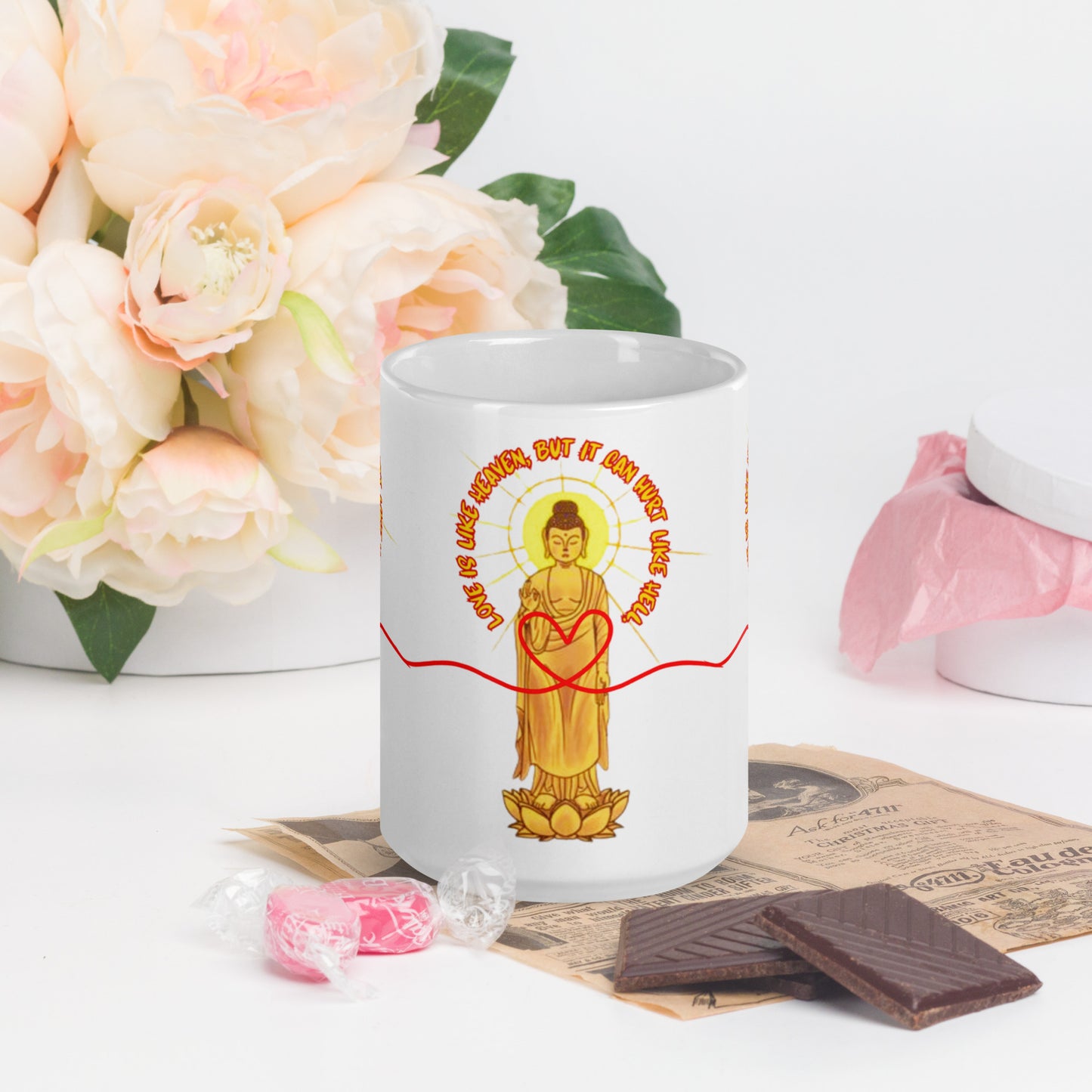Japanese, Buddha,, White glossy mug
