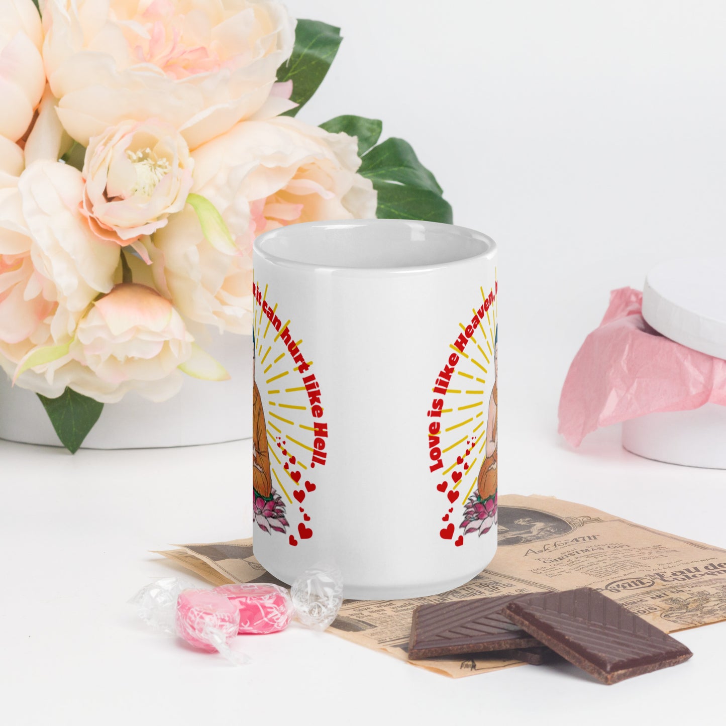 Japanese, Buddha,, Tenjoutenge White glossy mug