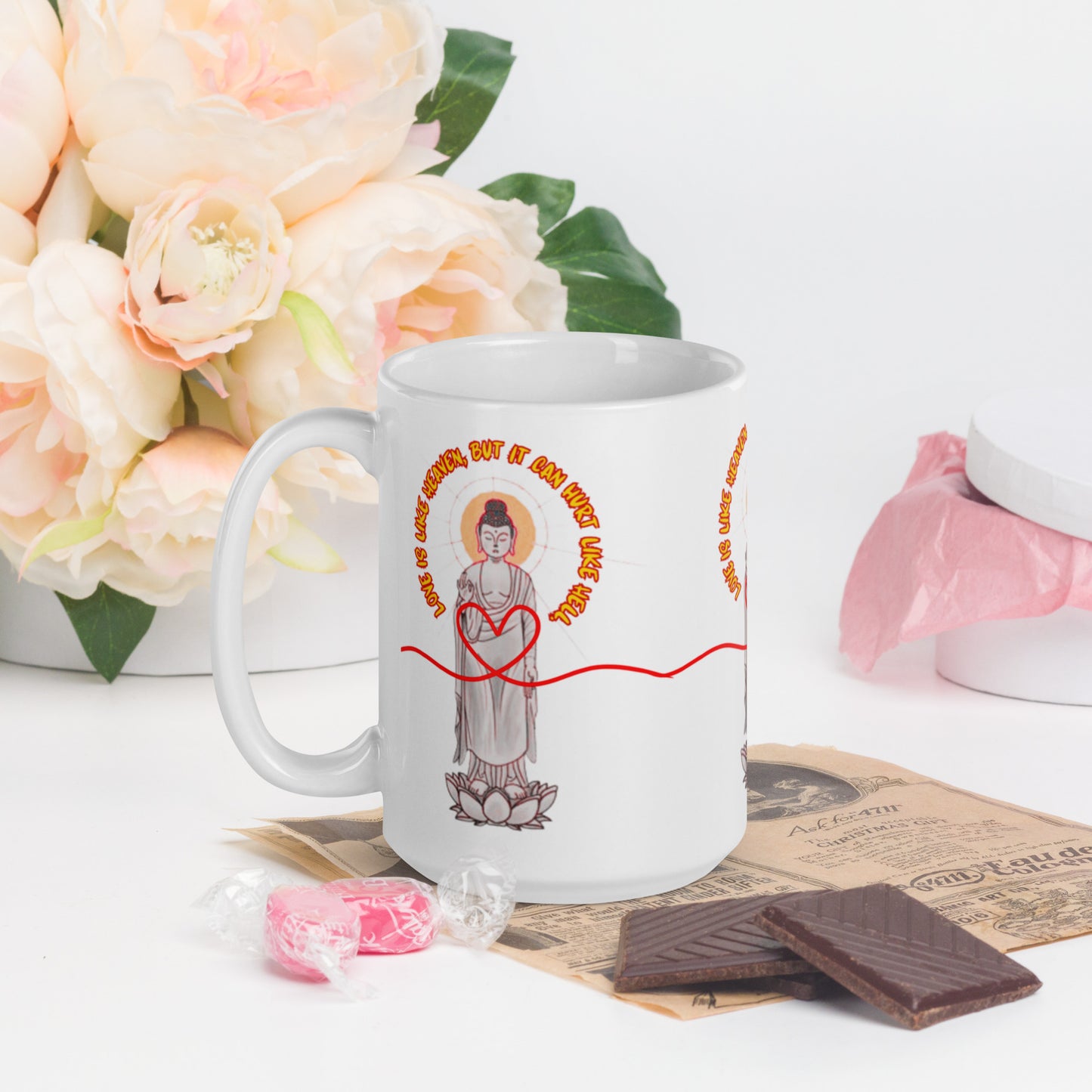 Japanese Buddha, Oshakasama, White glossy mug