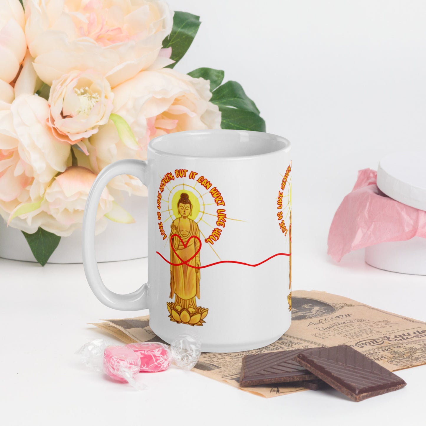 Japanese, Buddha,, White glossy mug