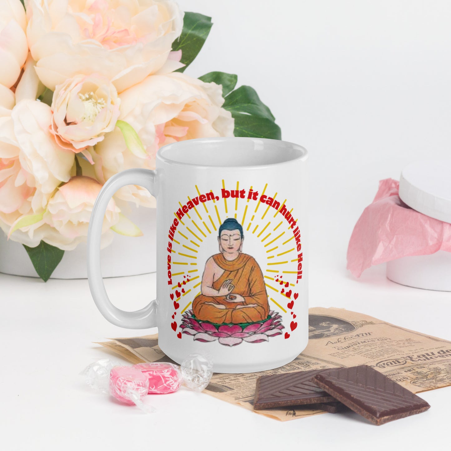 Japanese, Buddha,, Tenjoutenge White glossy mug