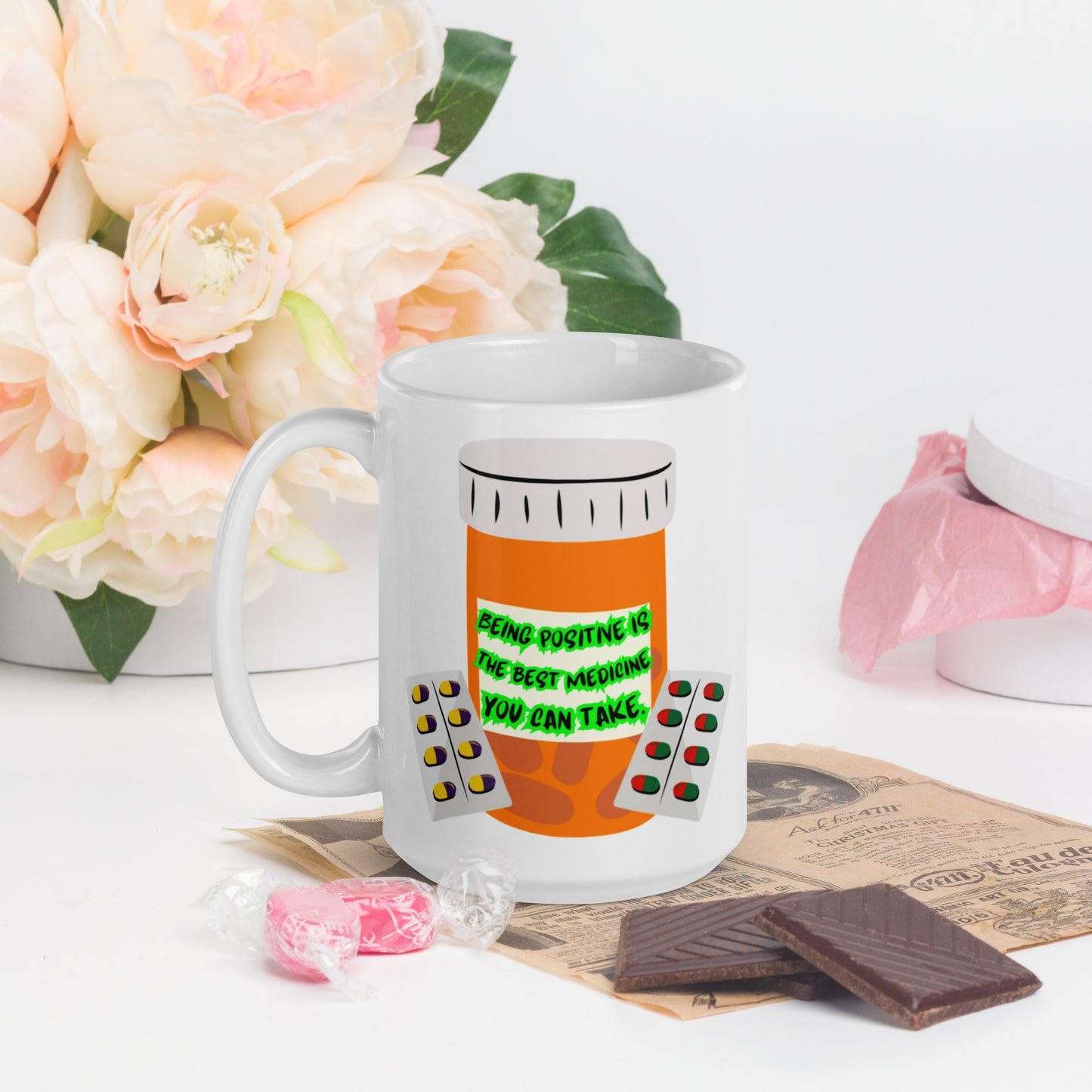 Being positive White glossy mug