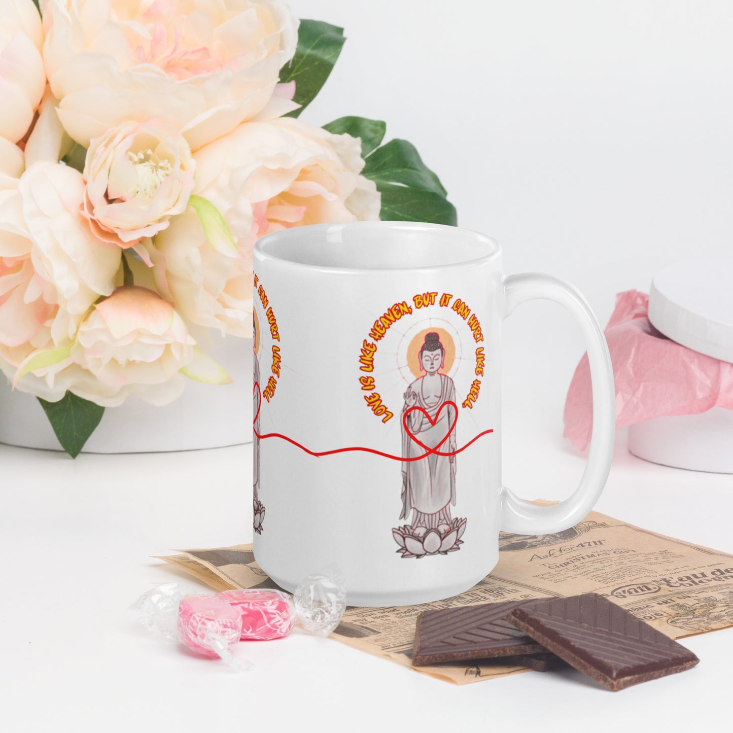 Japanese Buddha, Oshakasama, White glossy mug