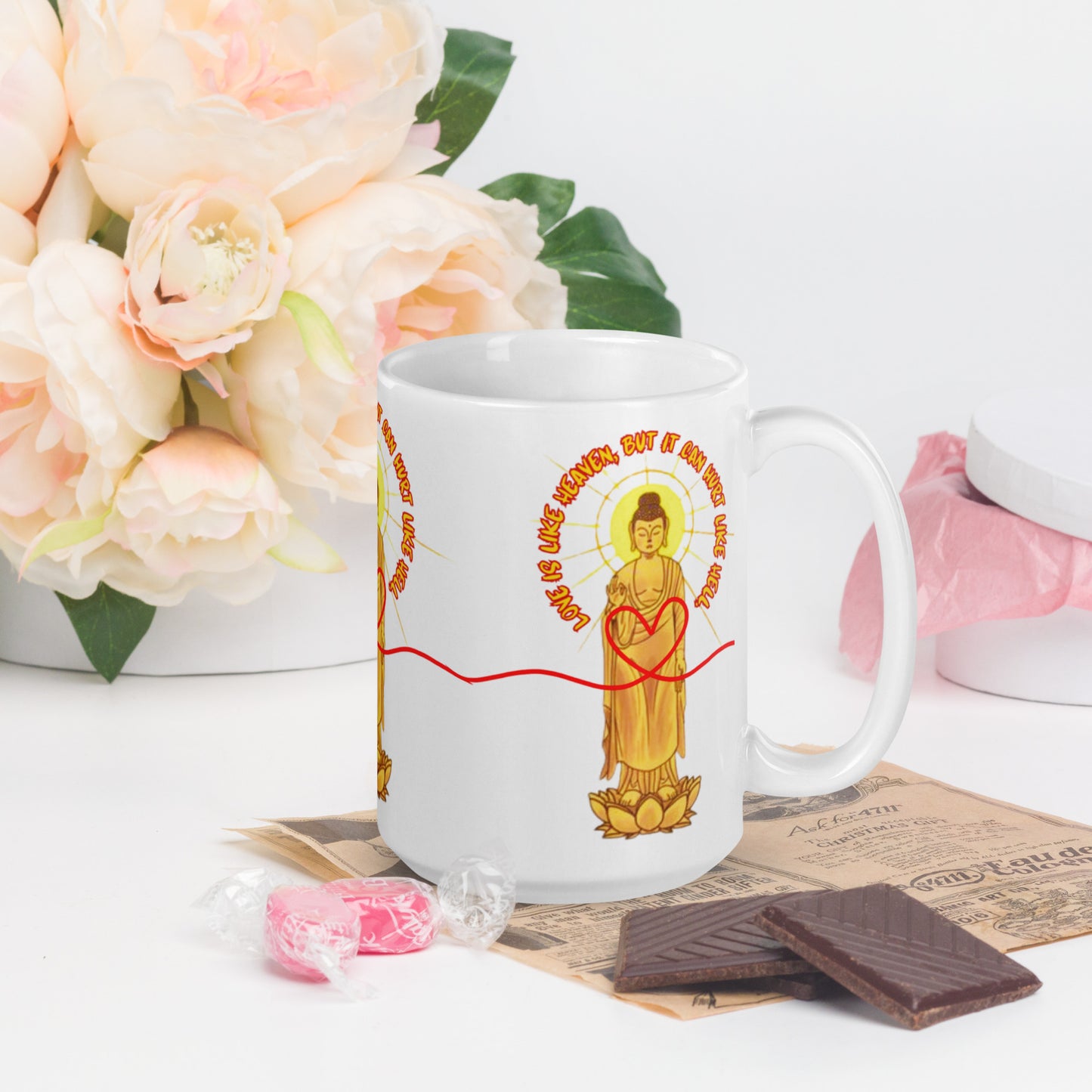 Japanese, Buddha,, White glossy mug